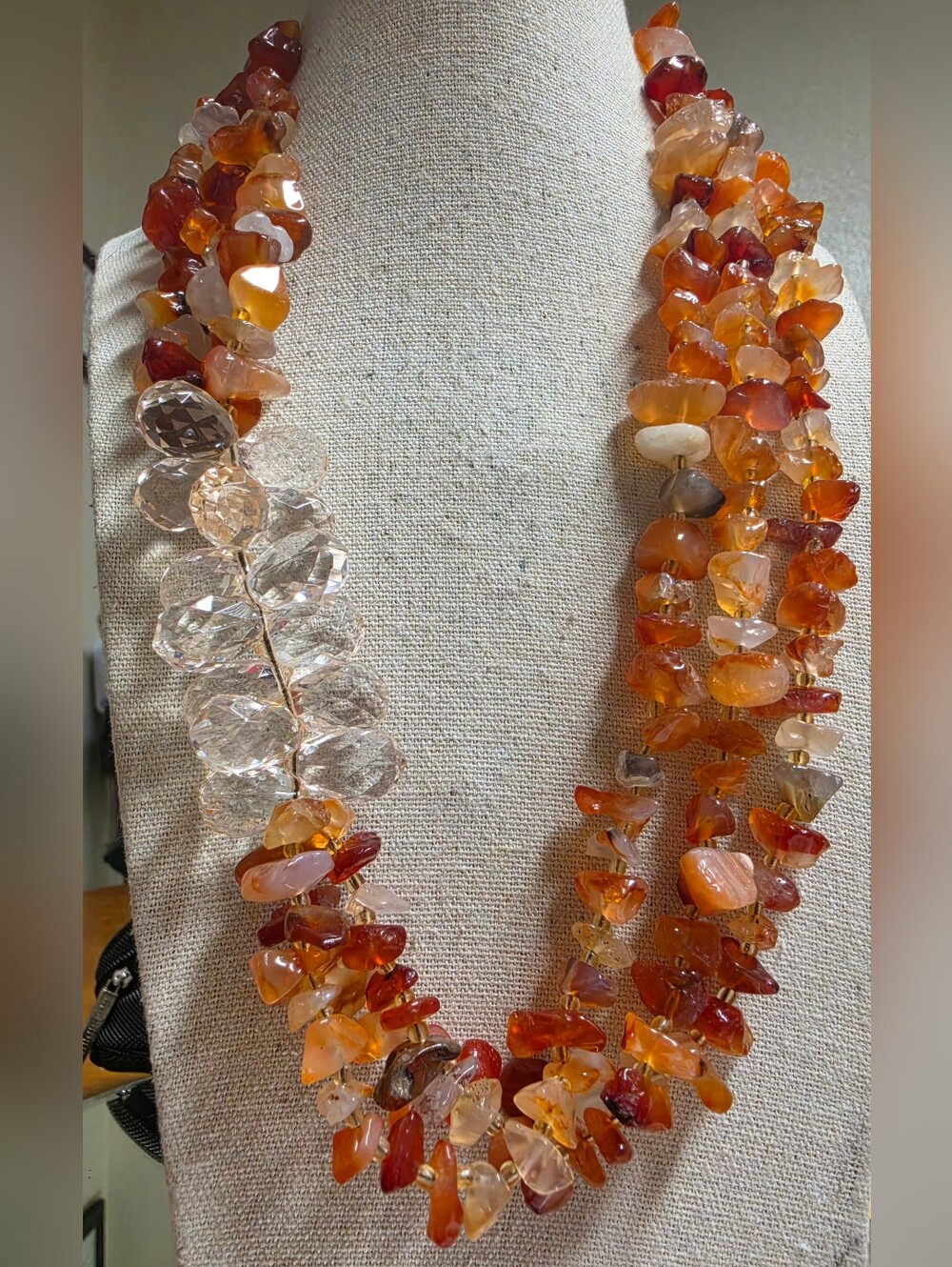 Vintage Loft Carnelian  and Lucite 3 Strand Statement Necklace